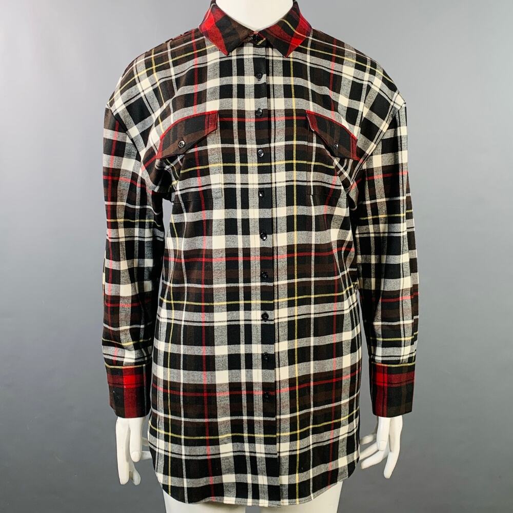 ALICE + OLIVIA Size L Black Red White Polyester Blend Plaid Button Up Shirt